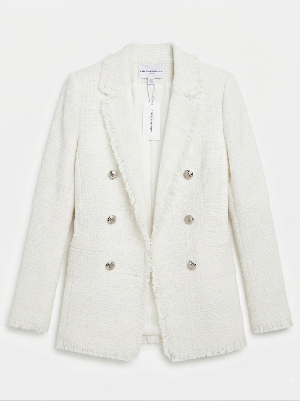 Carolina Belle Women Size M White Tweed Blazer Jacket Double Breasted Fringe New